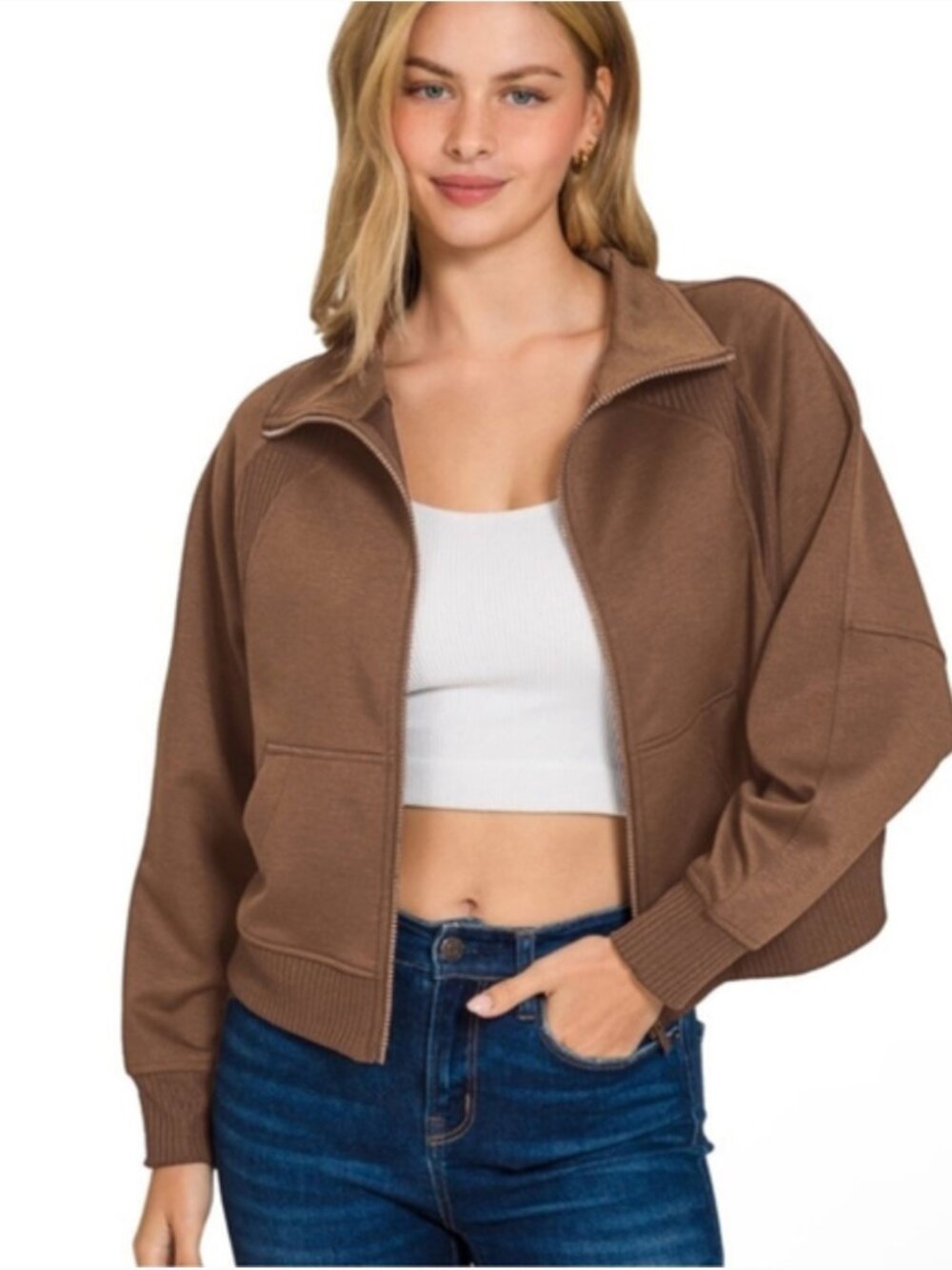 Zenana Soft Scuba Full Zip Jacket Brown Medium Cropped Athleisure